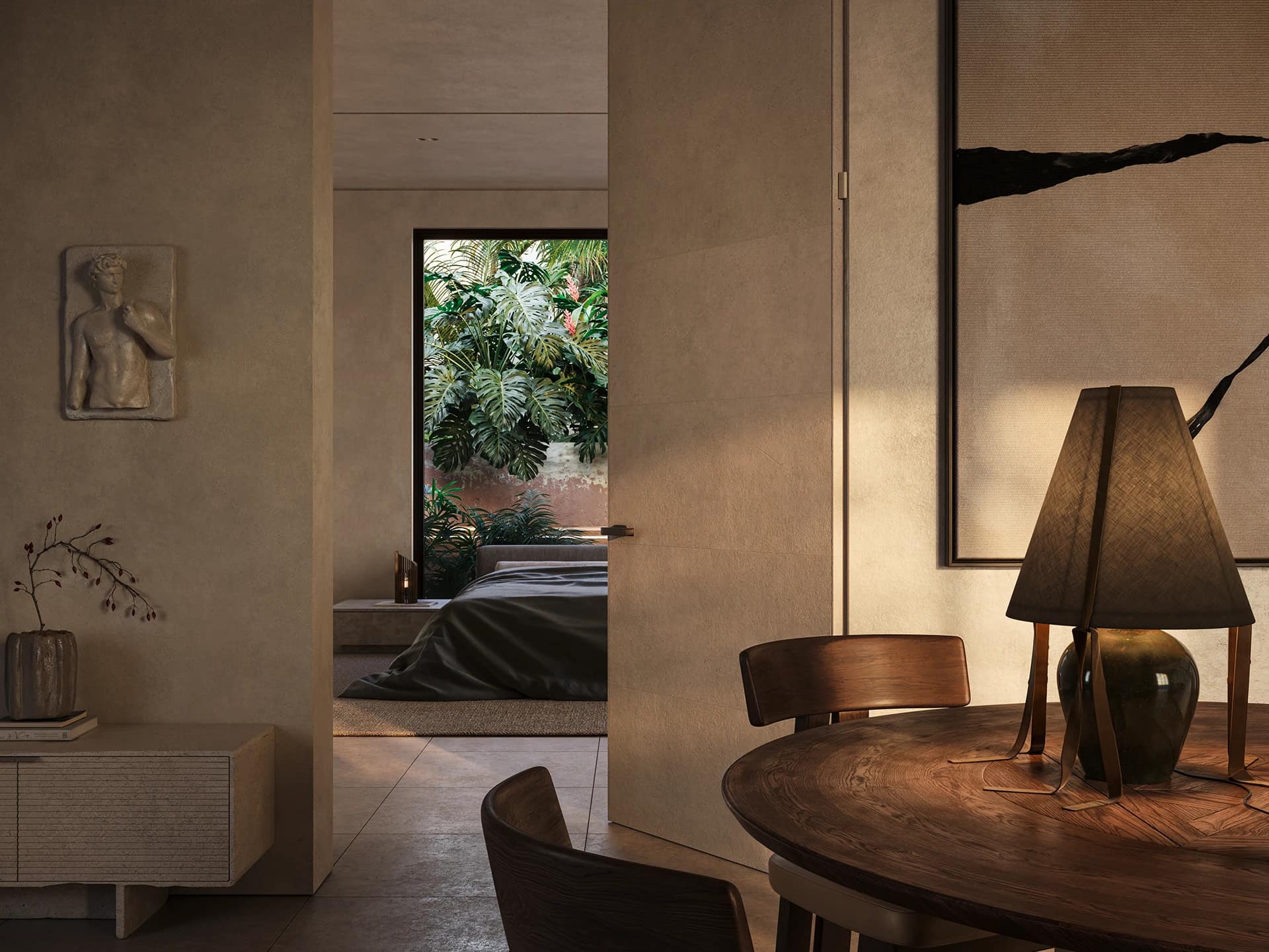 Sala de um apartamento com luz quente de fim de tarde